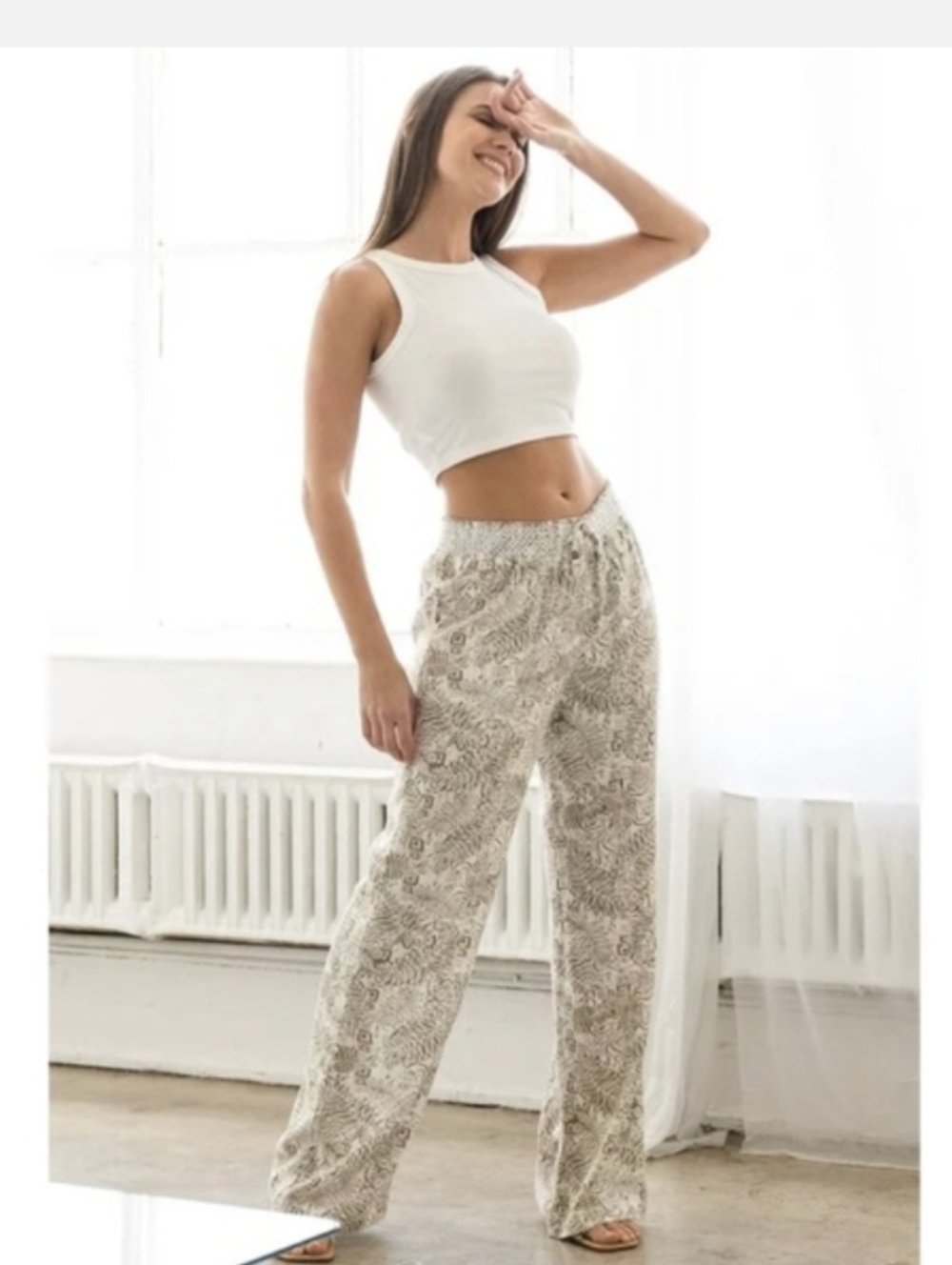 Cali 1850 Beige & White Tropical Print Drawstring Pants Size XS